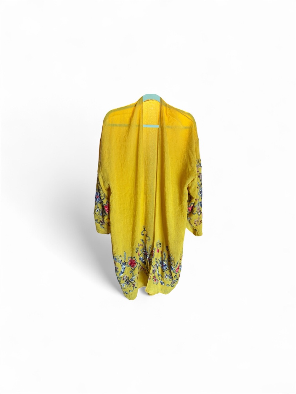 Boho Bright Yellow Embroidered Floral Kimono